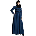 Casual collared abaya with lacework- Teal Casual collared abaya with lacework- Teal